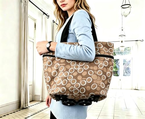 Collapsible Shopping Bag with Wheels Portable Shopping Cart with 360° Swivel Wheels Rolling Tote Bag Reusable Grocery Bag Trolley Bag on Wheels for Travel Shopping and Daily Use(Brown-White) by Cowinbest - Used condition - Image 2