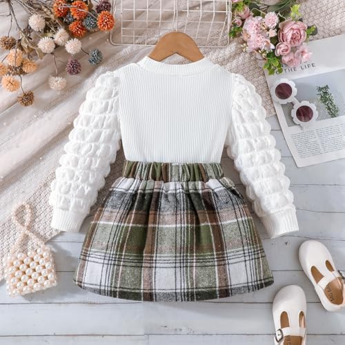 Image of Noubeau Toddler Girls Plaid Outfits Girls Puff Sleeve Knit Ribbed Shirt Tops Plaid Skirt Set Kids Fall Winter Clothes