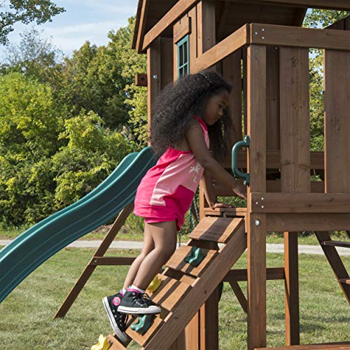Swing-N-Slide Caribou Valley Wooden Swing Set with Wood Roof, Wave Slide, Monkey Bars, Climbing Wall, Ladder, Picnic Table, and Swings, Green Slide - Thumbnail 5