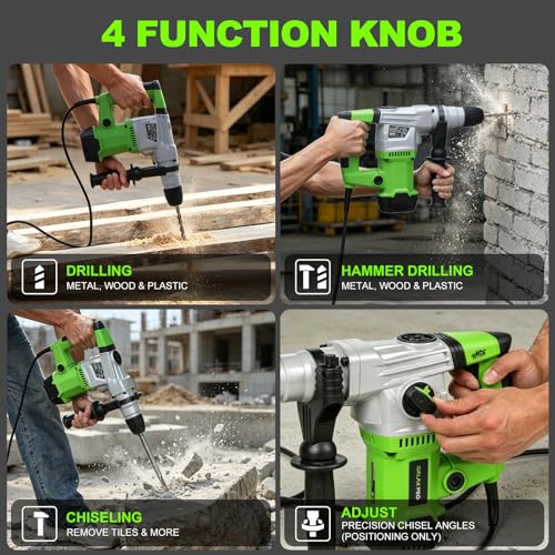 Image of GALAX PRO SDS-Plus Rotary Hammer Drill 1500W 0-4000RPM, 4 in 1 Functions | 360 Anti Vibration Auxiliary Handle, Heavy Duty Electric Rotary Hammer Drill with Case,for Metal, Wood, Brick, Plastic