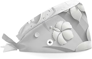 Bouffant Scrub Caps Printed Working Surgical Cap 3D White Floral Nurse Hats with Buttons and Sweatband Adjustable Tie Back Hat for Women Men Multi Color
