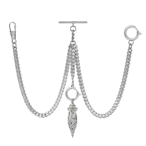 Double Albert Silver Pocket Watch Chain with Floral Locket Pendant