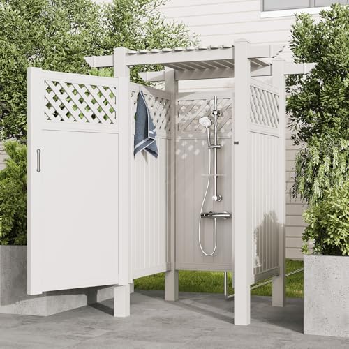 EROMMY 88.5\"H x 57.5\"W x 47.75\"L White PVC Outdoor Shower Enclosure with Door, Weatherproof Privacy Stall for Pool & Beach, Durable Vinyl Construction(Grid-panel with roof)