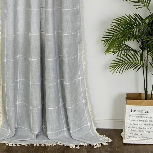 Visillo corto de algodón y lino KnSam, elegancia bordada con borla para ventana 6