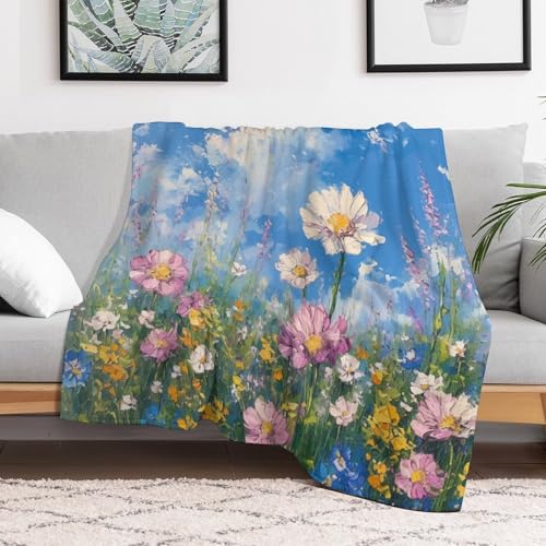 Couverture en flanelle douce motif ciel nuages marguerites pour lit