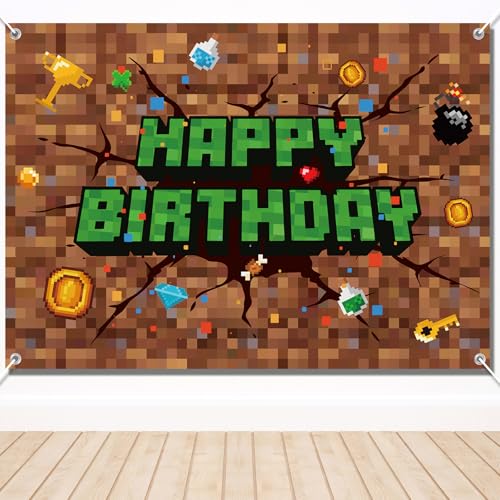 Image of Pixel Happy Birthday Backdrop, 83x59in /210x150cm Pixel Theme Party Decorations Video Game Banner Backdrop for Gaming Birthday Decor