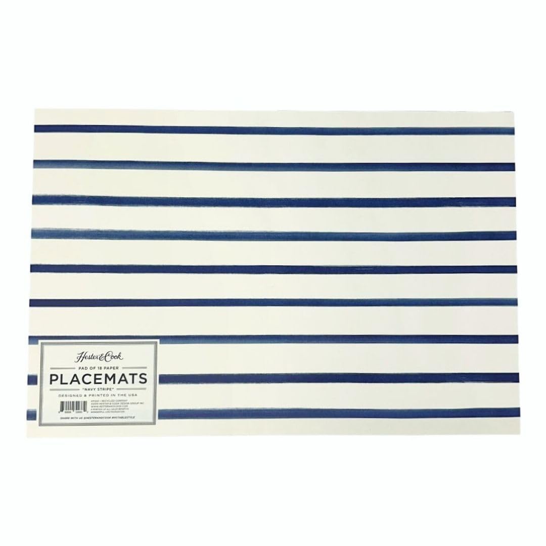 Hester and Cook Disposable Paper Placemats for Dining Table - Navy Striped Square Place Mats for Parties - 18 Sheets Per Pad American Made