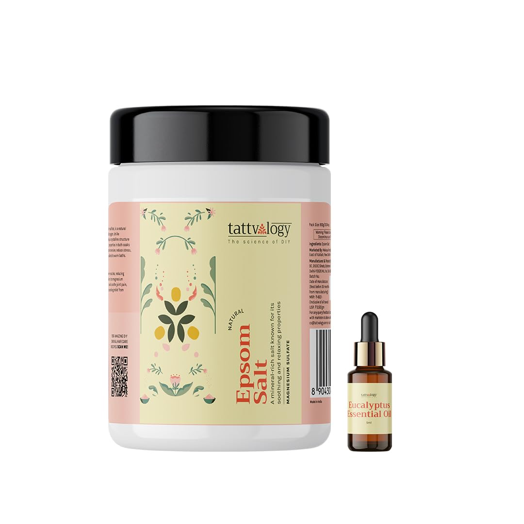 Tattvalogy Pure Epsom Salt | USP Grade Magnesium Sulphate for Muscle Relaxation, Detox Baths & Foot Soaks | Soothes Aches & Pains, Softens Skin, Reduces Swelling | Natural Bath Salt for Home Spa & Body Scrub, (900g Epsom Salt + 5ml Essential Oil) (Eucalyptus)