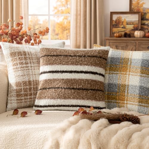 Image of Foindtower Pack of 2 Soft Faux Fur Boucle Throw Decorative Pillow Covers Fuzzy Accent Striped Cushion Sherpa Boho Farmhouse Pillowcase for Couch Sofa Bed Living Room Home Decor 18x18 Inch,Cocoa Brown