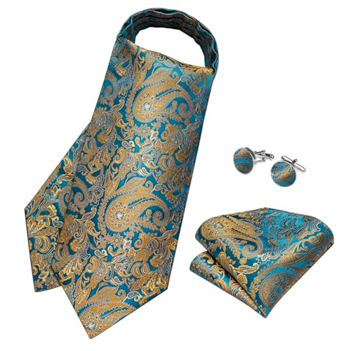 Image of DiBanGu 3PCS Ascot Ties for Men Wedding Jacquard Woven Silk Ascot Cravat for Men Cravat Tie and Pocket Square Set