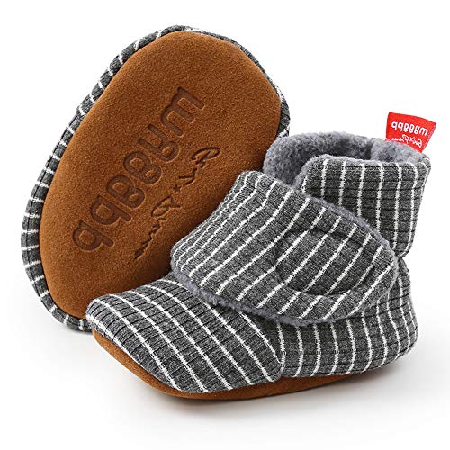 TIMATEGO Newborn Baby Boys Girls Booties Stay On Socks Non Skid Soft Cotton Lining Infant Toddler Warm Winter House Slipper Crib Shoes 0-18 Months, 11 Dark Grey White, 6-12 Months Infant