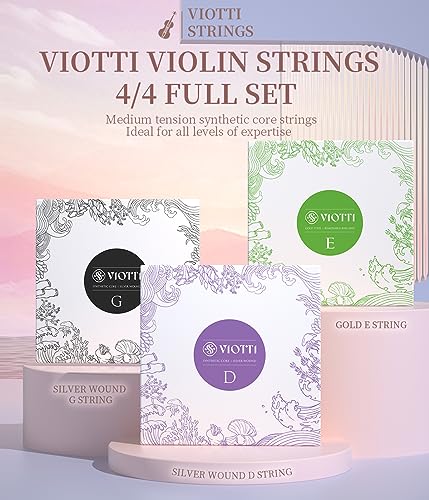 Image of Viotti Violin Strings 4 /4 Full Set | Medium Tension Synthetic-Core Strings with Gold E String for Brilliance, Power & Projection, Silver Wound D & G Strings, and Aluminum Wound A String