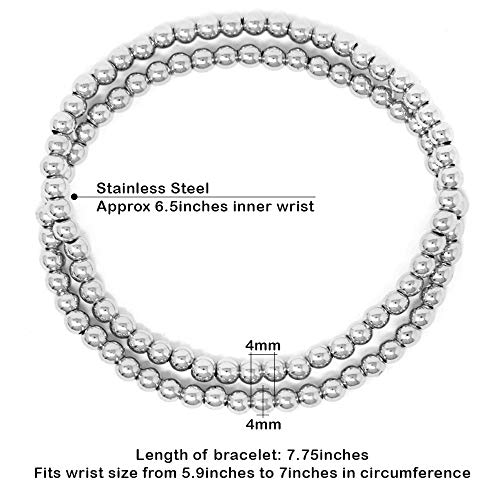SM Stainless Steel Gold Silver Rose gold Beaded Ball Bracelets 4PCS Set for Women Stretchable Elastic Bracelet (4mm - Silver, Stainless Steel)2