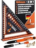 THORVALD Zimmermannswinkel 5-in-1 - Winkelmesser Anschlagwinkel + Tieflochmarker - Aluminiumwinkel mit 180 mm Schenkellänge zum präzisen Anreißen & Zeichnen/Multifunktional Perfekt um Zeit zu sparen