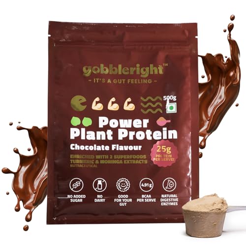 Image of GOBBLERIGHT Power Plant Protein Powder Chocolate Flavour 500g | No Added Sugar | Isolate & Concentrate Pea Rice Protein - Turmeric & Moringa | 4.91g BCAA | No Bloat & Gut Friendly | Vegan & Dairy Free