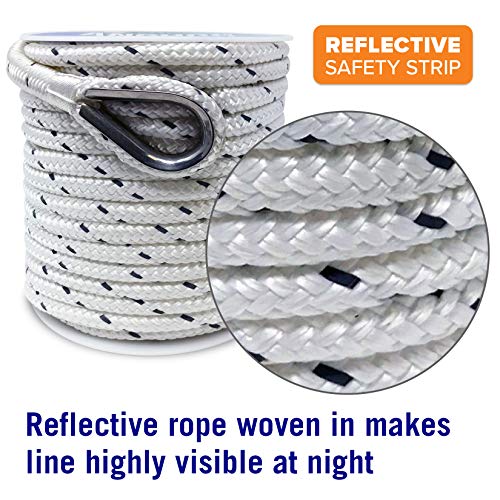 Image of Better Boat Premium Anchor Rope, 100 Ft Double Braided White Nylon Marine | Line, Reflective 3 /8 Inch Reel for Anchors and Boats, White