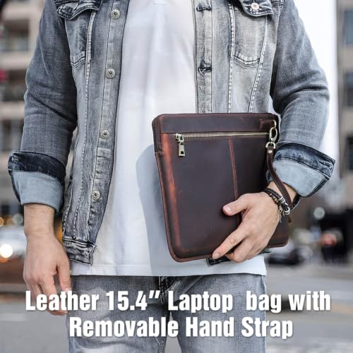 Image of CONTACTS Crazy Horse Leather 15.4 inch Laptop Case Slim Laptop Sleeve Briefcase | Compatible with MacBook Pro 15 inch Large Document Bag for Men Notary Bag by Handmade