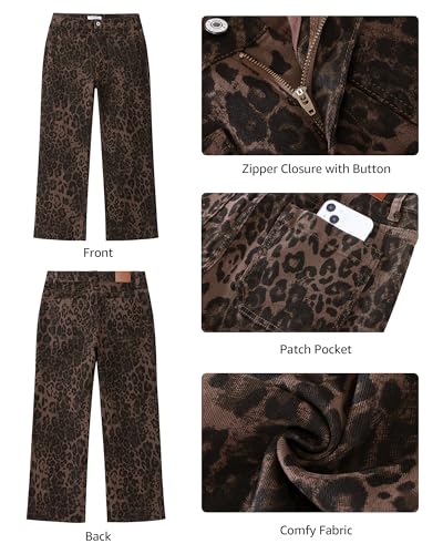 luvamia Wide Leg Leopard Print Jeans for Women High Waisted Stretch Cropped Cheetah Print Denim Womens Pants Patch Pocket Flare Jeans Brown Leopard X-Large US Size 16-18