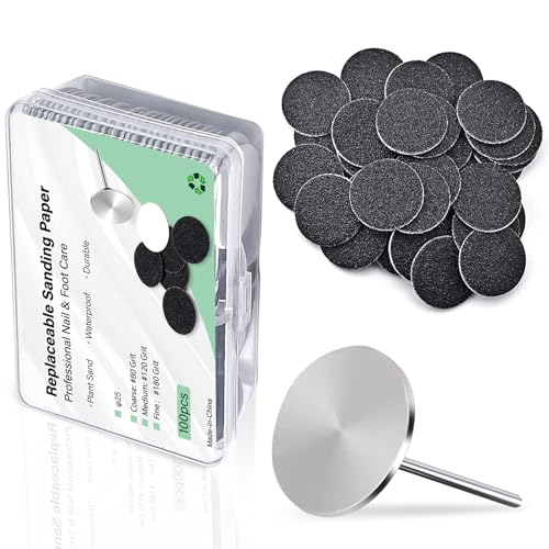 100pcs Sandpaper Discs with 1pc Metal Nail Bit Set,25mm Pedicure Replaceable Sanding Disc Pads and Bit for Electric Foot Files YGJ-002-80#