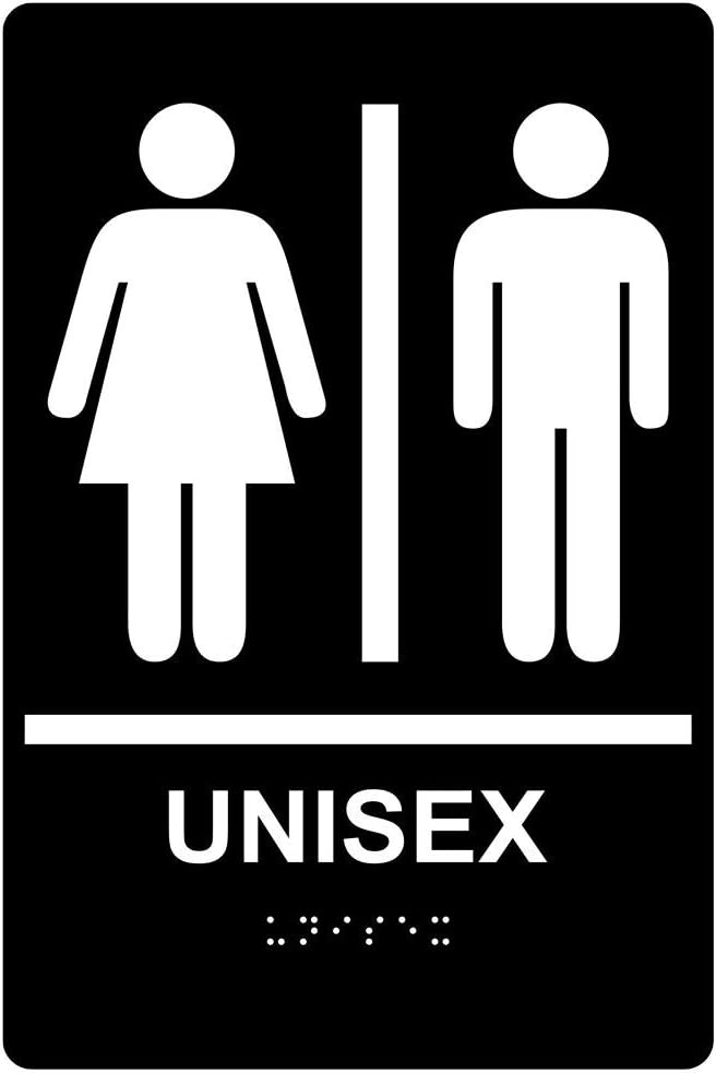 ComplianceSigns.com Unisex Restroom Sign, ADA-Compliant Braille and Raised Letters, 9x6 in. White on Black Acrylic with Adhesive Mounting Strips
