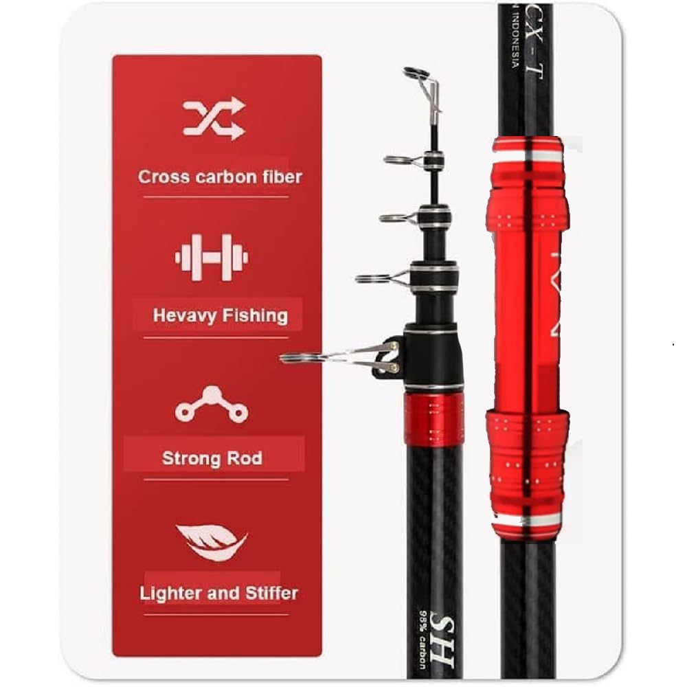 GTOFYU Telescopic Fishing Rod 98% Carbon Fiber Test 20kg Travel Surf Fishing Rod Spinning Power 5-300g Throwing Surfcasting Baitcasting Rod (3.6M/12Ft) (4.5M/15Ft), red