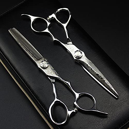 Professional Hair Cutting Shears, Professional 6 inch Damascus steel hair scissors haircut scissor thinning barber makas cutting shears tools hairdresser scissors (Color : Set with bag)