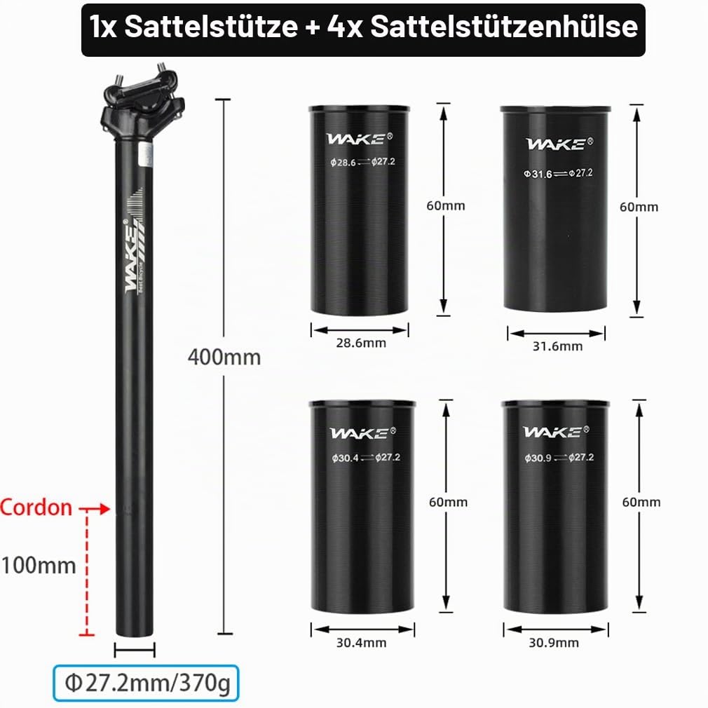CYSKY Fahrrad Sattelstütze 27,2 x 400mm mit 4 Größen Sattelstützen Adapter 28,6mm 30,4mm 30,9mm 31,6mm, Shock Absorber Fahrrad Sattelstütze für Mountainbike Rennrad MTB BMX Sport & Freizeit