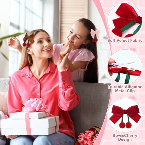 Suncalla 8 Piezas Pinzas para el Pelo con Lazo de Terciopelo y Adornos de Cereza, Broches de Cocodrilo Rojos con Pompones, Accesorios Lindos para Mujer miniatura 3