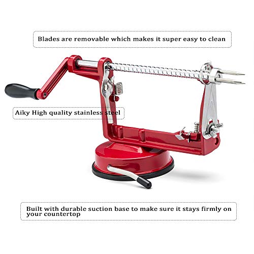 Aiky Apple Peeler And Corer For Pear Apple Pie Cobbler Maker, Apple Corer And Slicer, Peeler Stainless Steel Blades, Suction Base, Red Cast Iron Body Kitchen Gadget #TOP2