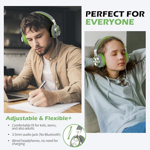 Image of AILIHEN C8 Headphones Wired, On-Ear Headphones with Microphone and Volume Control, Corded 3.5mm Headset for Boys Girl School Smartphones Chromebook Laptop Computer Tablets Airplane Travel (Grey /Green)