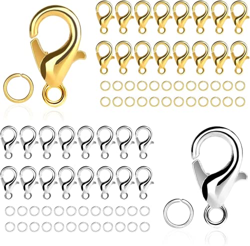 100 Pièces Pince de Homard Fermoir, et 200 Pièces d'Anneaux de Saut Ouverts, Fermoirs de Collier, pour DIY Bracelets, Bijoux(Fermoir: 7x12mm, Or/Argent)