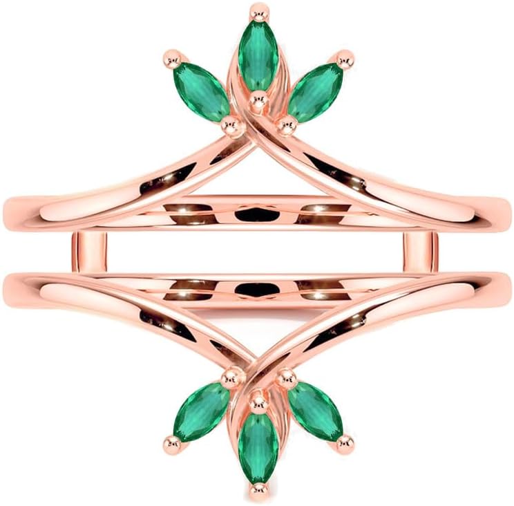 3-Stone Marquise Cut Green Emerald Chevron V Shape Enhancer Guard For Women, 14K Gold Plated 925 Silver May Birthstone Green Emerald Chevron V Shape Enhancer Wrap Guard Matching Band