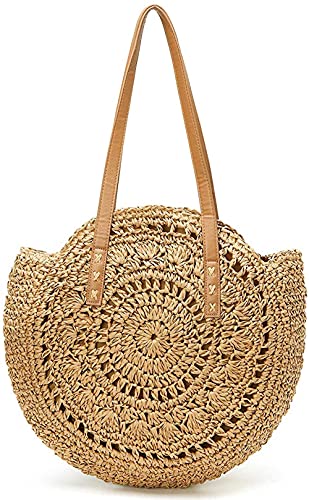 Straw Beach Bags Tote Tassels Bag Hobo Summer Handwoven Shoulder Bags Purse With Pom Poms-C-khaki