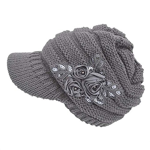 Ysense Womens Hats Winter Beanie With Brim Warm Cable Knit Newsboy Cap Visor With Sequined Flowerisor With Sequined Flower,B-Grey #TOP6