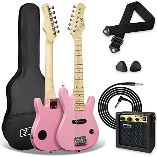 3rd Avenue Pack de guitarra eléctrica de tamaño 1/4 para niños principiantes de 3rd Avenue , amplificador portátil de 5 W, cable, funda de transporte, púas y correa, Rosa