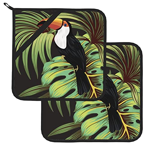 Pot Holders Sets,Toucan Bird Tropical Leaves Pot Holders Set Of 2 Heat Resistant & Non Slip Potholders For Cooking Baking Bbq Grilling, 8 X 8 Inches #TOP1