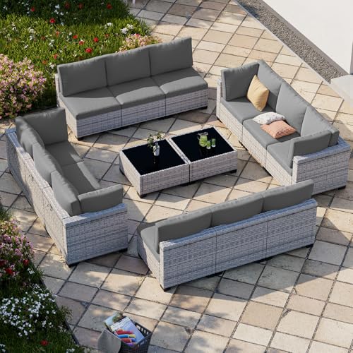 Image of Outdoor PE Wicker Rattan Modular Patio Sectional Sofa Set | 14-Piece: 12 Modular Seats & 2 Coffee Tables, Grey