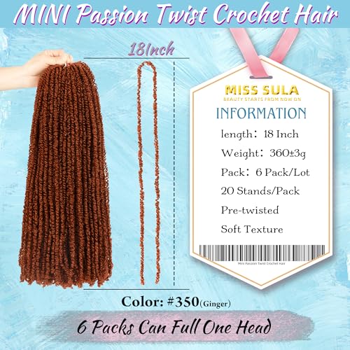 Mini Passion Twist Crochet Hair for Black Women-18 Inches 6 Packs Pure Ginger Pre Twisted Elastic and Cuttable Hair Extensions,Braided by Soft Synthetic Twist Bohemian Curl(18"-6P,350#)