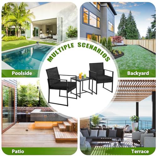 PayLessHere 3-Piece Rattan Wicker Bistro Set Outdoor Conversation Set Sturdy Frame Wicker Furniture with 2 Chairs Cushions Tempered Glass Table for Poolside Balcony Patio Bar Garden - Image 8