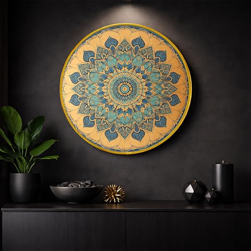 Image of Elegant Mandala Round Framed Wall Art Painting For Living Room | Floral Vastu Mandala Wall Art Painting With Frame for Home, Bedroom & Office, 16 Inch
