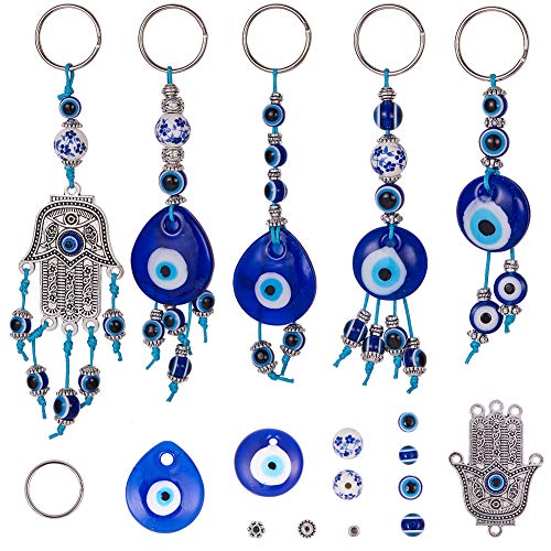 SUNNYCLUE DIY 5 Stks Evil Eye Sleutelhanger Maken Kit Inclusief Split Sleutelhanger Ringen, Evil Eye Kralen, Hamsa Hand Charm Connector, Verschillende kralen, Spacer Kralen, Waxed Cotton Thread