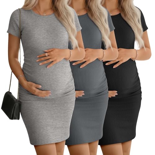 Yearntown 3 Pack Women's Maternity Dresses Cotton Ribbed Short Sleeve Pregnancy Dress Side Ruched Crew Neck for Summer Casual(Black, Light Mixed Gray, Dark Gray,Large)