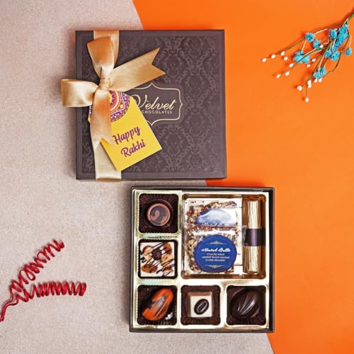 Image of Velvet Fine Chocolates Strong Bond Box | Assorted Chocolates & Evil Eye Rakhi Combo | Perfect for Siblings | Handmade Delights | Pack of 1