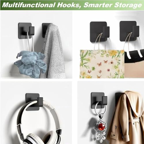 Image of Adhesive Shower Hooks, Towel Hooks for Hanging Robe, Coat, Hat, Loofah, Heavy Duty Wall Hooks Stick on Bathroom, Kitchen and Office (2 Pack, Black)