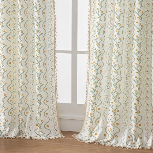 Image of Boho Curtains 63 Inch Long for Living Room, Bedroom, Yellow Flower | Sage on White 2 Panels Floral Farmhouse Vintage Tassel Semi Sheer Light Filtering Privacy Window Drapes with Rod Pocket