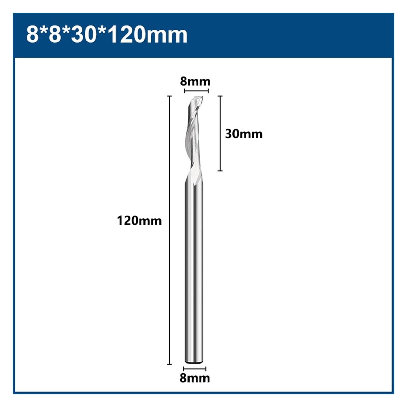 Broca de grabado de vástago de 8mm, fresa de extremo en espiral de carburo de flauta única, vástago recto, fresas HSS for herramientas CNC de aluminio, 1 ud.(8x8x30x120mm)