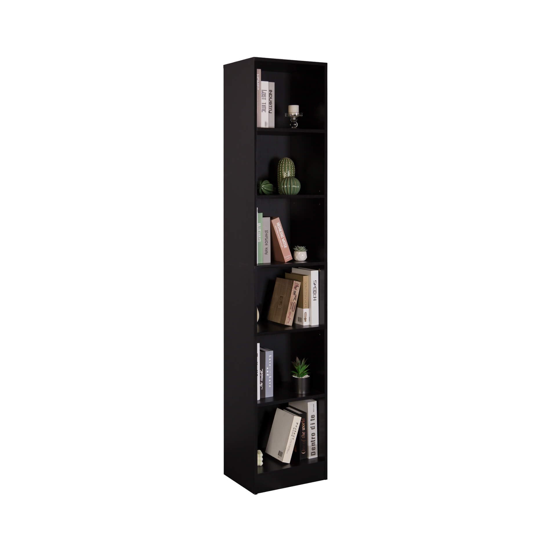 Rebecca Mobili Librería Slim, Estantería Alta y Estrecha, Negro, Aglomerado, con 6 Compartimentos, con Antivuelco, para Libros Plantas - Medidas AxAnxFon: 200 x 40 x 29,5 cm - Art. RE7117