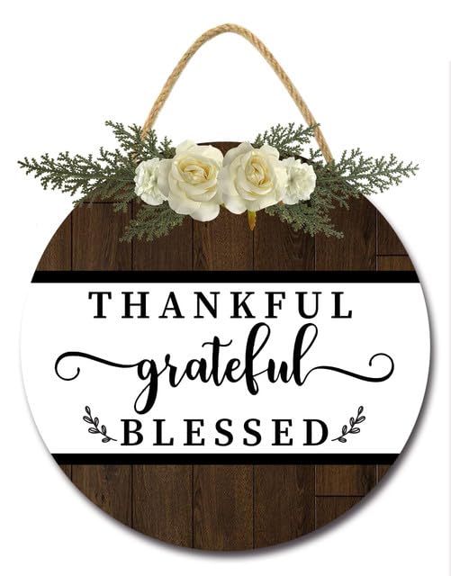 Bidesign Thankful Grateful Blessed Welcome Signs for Front Door Porch Rustic Wooden Welcome Plaque for Farmhouse Home Kitchen Living Room Decor