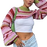Women Y2k Knit Crochet Shrug Long Sleeve Crop Top Bolero Cardigan Contrast Color Vintage Cropped Shrug Sweater(Cd Pink Stripe,Small)