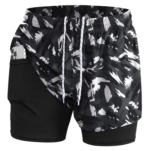LORSPORTCH Herren Laufshorts 2 in 1 Shorts Gym Athletic Shorts Outdoor Marathon Workout Trainingsshorts Mit Eingebaut Taschen Camouflage Grau M